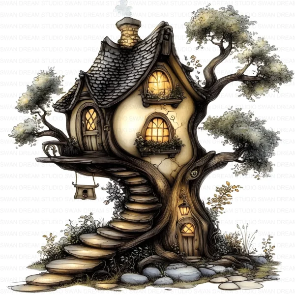 127 Whimsical Fairy Tree House Clipart Bundle Printable Fantasy Cottage Home Digital Papers Scrapbooking Junk Journal Card Making Craft JPG Download