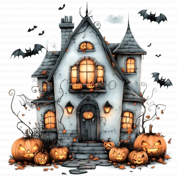 Halloween Spooky House Clipart Whimsical Pumpkin Printable Scrapbook Paper Craft Junk Journal Digital Download