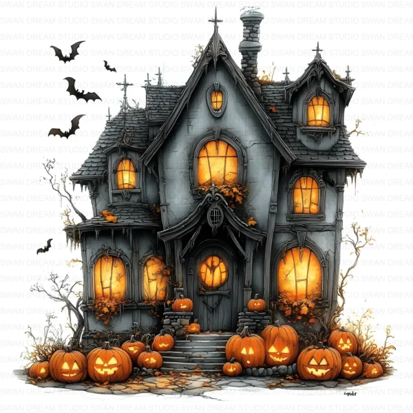 Halloween Spooky House Clipart Whimsical Pumpkin Printable Scrapbook Paper Craft Junk Journal Digital Download
