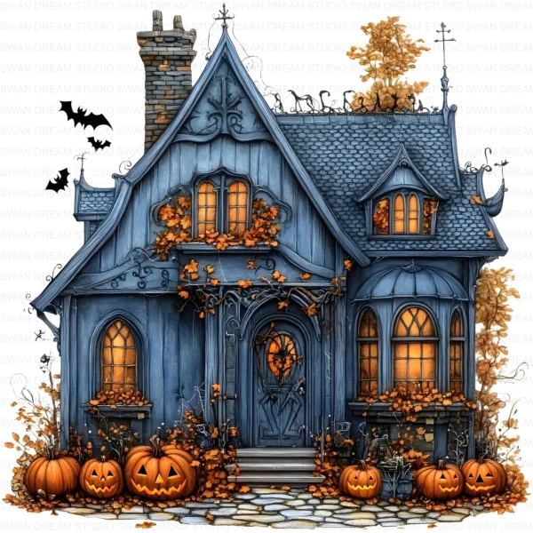 Halloween Spooky House Clipart Whimsical Pumpkin Printable Scrapbook Paper Craft Junk Journal Digital Download