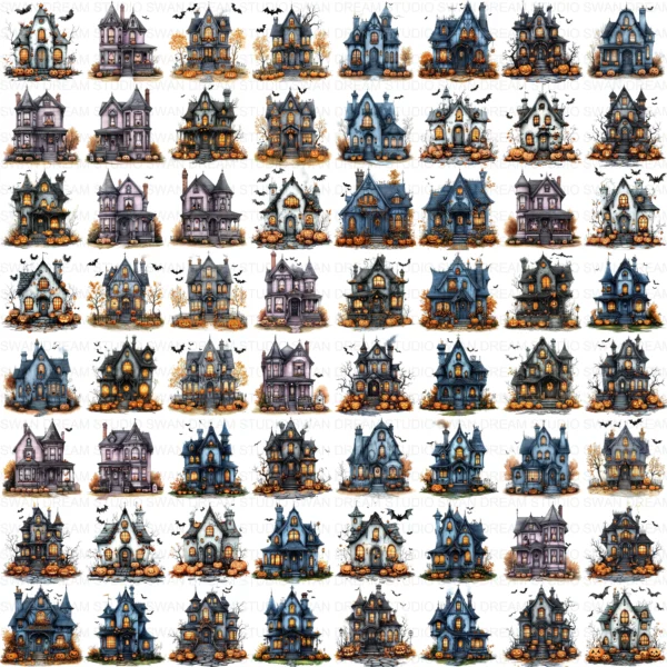 Halloween Spooky House Clipart Whimsical Pumpkin Printable Scrapbook Paper Craft Junk Journal Digital Download