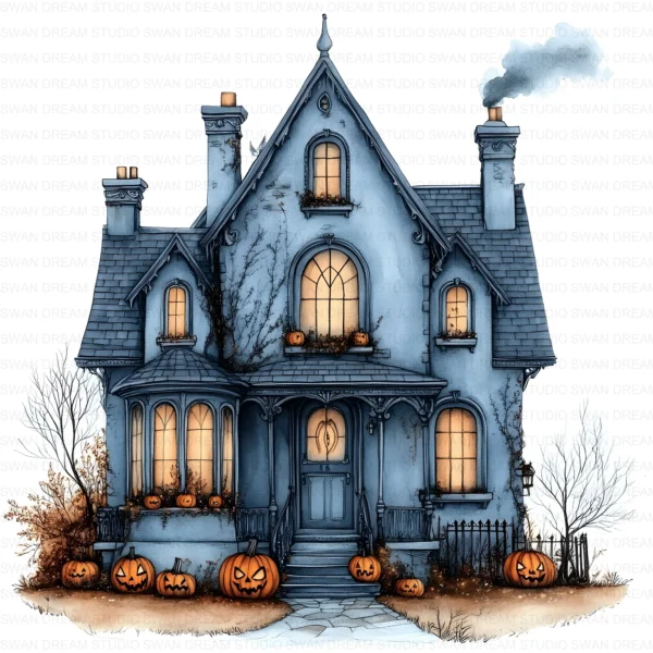Halloween Spooky House Clipart Whimsical Pumpkin Printable Scrapbook Paper Craft Junk Journal Digital Download