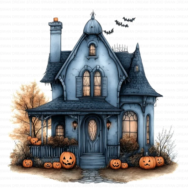 Halloween Spooky House Clipart Whimsical Pumpkin Printable Scrapbook Paper Craft Junk Journal Digital Download