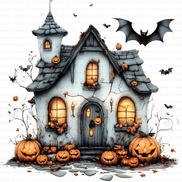 Halloween Spooky House Clipart Whimsical Pumpkin Printable Scrapbook Paper Craft Junk Journal Digital Download