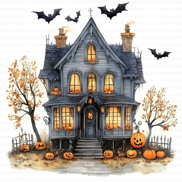 Halloween Spooky House Clipart Whimsical Pumpkin Printable Scrapbook Paper Craft Junk Journal Digital Download
