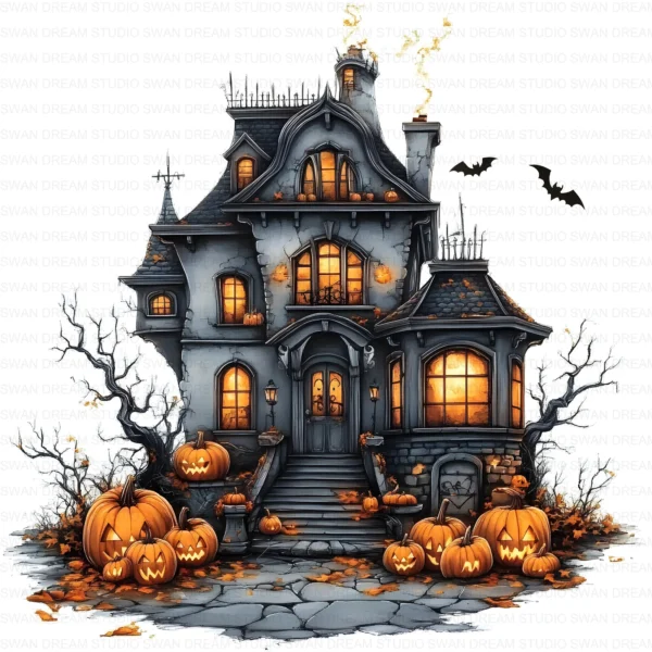 Halloween Spooky House Clipart Whimsical Pumpkin Printable Scrapbook Paper Craft Junk Journal Digital Download