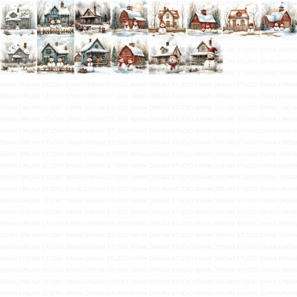 ClipartC29L_t14 Winter Snow Cottage Clipart Bundle Printable Digital Download Freezing Home Card Making