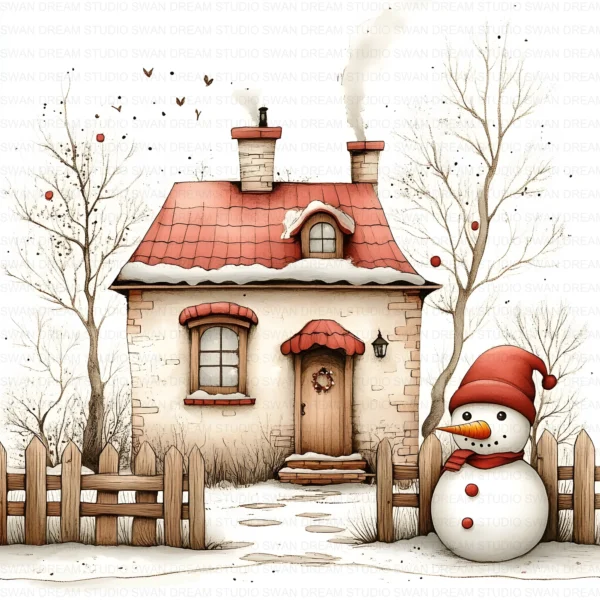 ClipartC29L_t2 Winter Snow Cottage Clipart Bundle Printable Digital Download Freezing Home Card Making