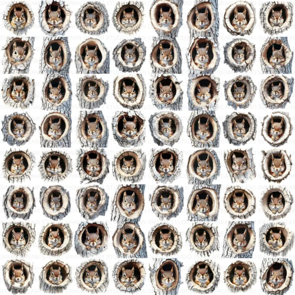 Quirky Squirrel Clipart Bundle in Tree Hole Whimsical Printable JPG Scrapbook Paper Craft Junk Journal Digital Download