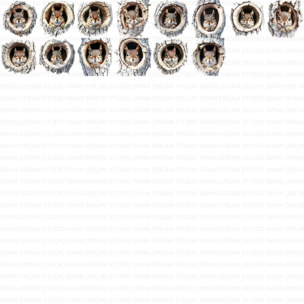 Quirky Squirrel Clipart Bundle in Tree Hole Whimsical Printable JPG Scrapbook Paper Craft Junk Journal Digital Download