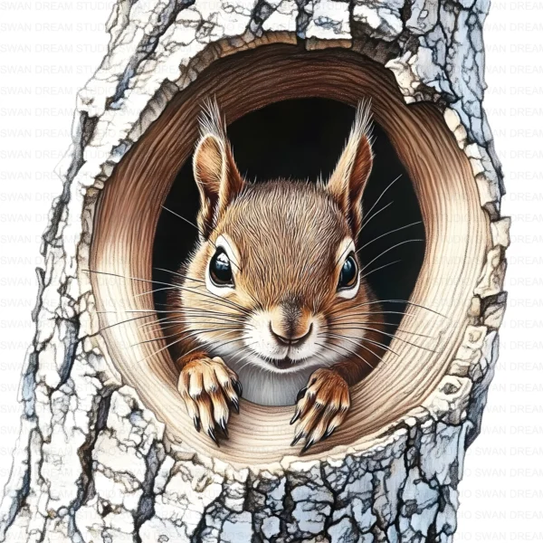 Quirky Squirrel Clipart Bundle in Tree Hole Whimsical Printable JPG Scrapbook Paper Craft Junk Journal Digital Download