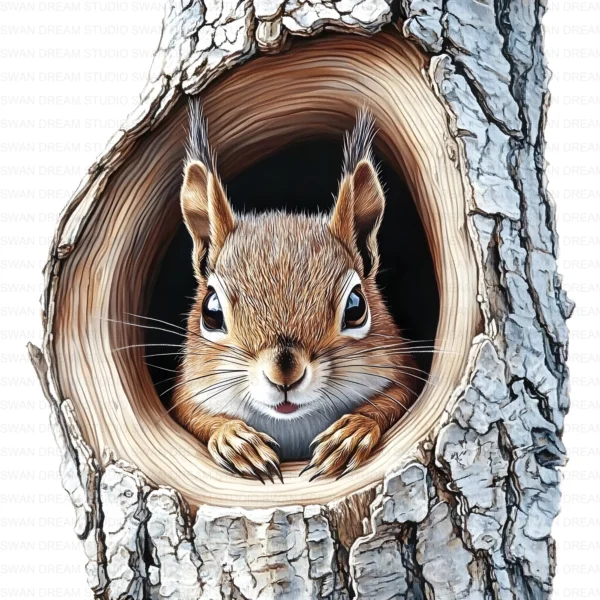 Quirky Squirrel Clipart Bundle in Tree Hole Whimsical Printable JPG Scrapbook Paper Craft Junk Journal Digital Download