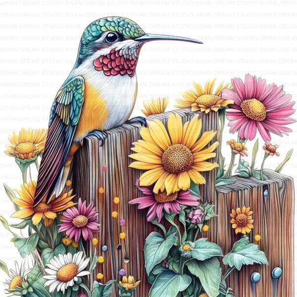 Hummingbird Flower Bird Clipart Bundle Printable Pink Beak Paper Craft