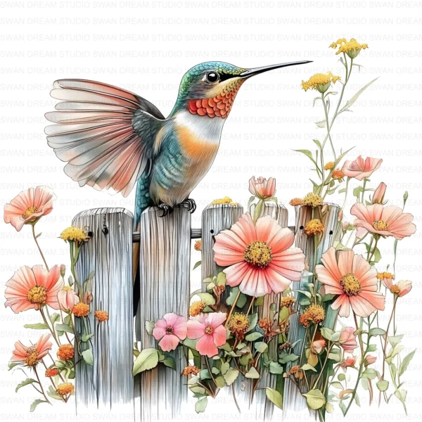 Hummingbird Flower Bird Clipart Bundle Printable Pink Beak Paper Craft