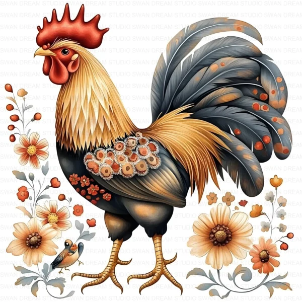 Quirky Rooster Chicken Flower Clipart Printable Funny Farm Floral JPG Farmyard Beak Card Making