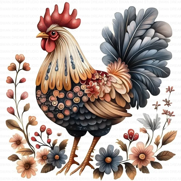 Quirky Rooster Chicken Flower Clipart Printable Funny Farm Floral JPG Farmyard Beak Card Making