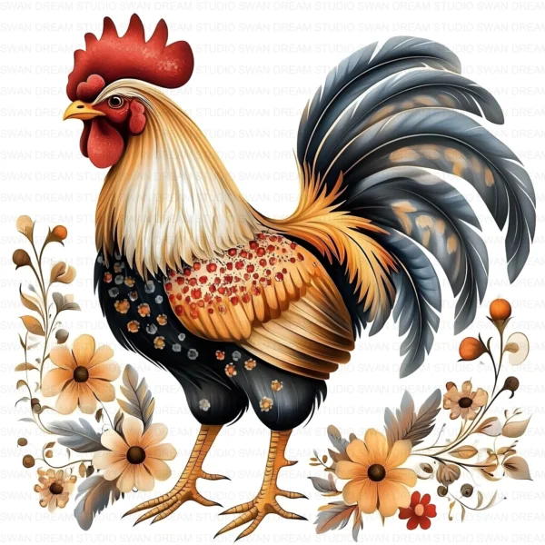 Quirky Rooster Chicken Flower Clipart Printable Funny Farm Floral JPG Farmyard Beak Card Making