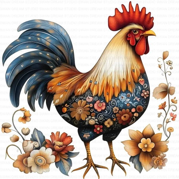 Quirky Rooster Chicken Flower Clipart Printable Funny Farm Floral JPG Farmyard Beak Card Making