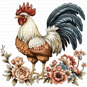 Quirky Rooster Chicken Flower Clipart Printable Funny Farm Floral JPG Farmyard Beak Card Making