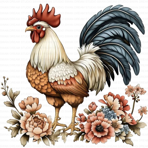 Quirky Rooster Chicken Flower Clipart Printable Funny Farm Floral JPG Farmyard Beak Card Making