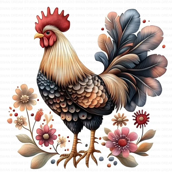 Quirky Rooster Chicken Flower Clipart Printable Funny Farm Floral JPG Farmyard Beak Card Making