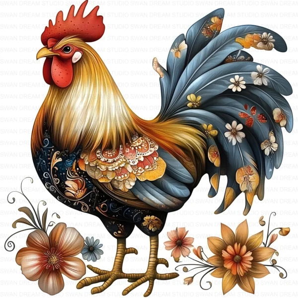 Quirky Rooster Chicken Flower Clipart Printable Funny Farm Floral JPG Farmyard Beak Card Making
