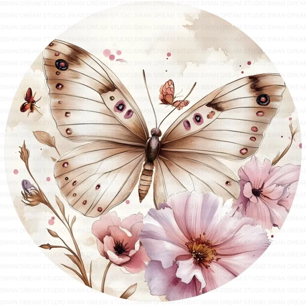 Rustic Butterfly Circle Clipart Whimsical Floral JPG Scrapbooking Junk Journal Paper Craft Printable Digital Download