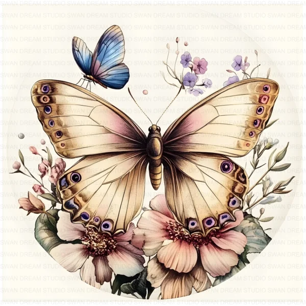 Rustic Butterfly Circle Clipart Whimsical Floral JPG Scrapbooking Junk Journal Paper Craft Printable Digital Download