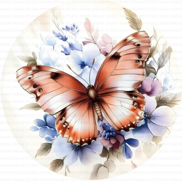 Rustic Butterfly Circle Clipart Whimsical Floral JPG Scrapbooking Junk Journal Paper Craft Printable Digital Download