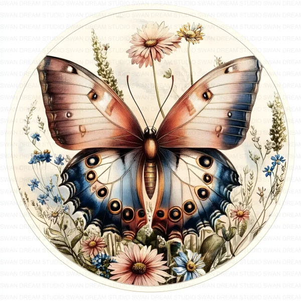 Rustic Butterfly Circle Clipart Whimsical Floral JPG Scrapbooking Junk Journal Paper Craft Printable Digital Download