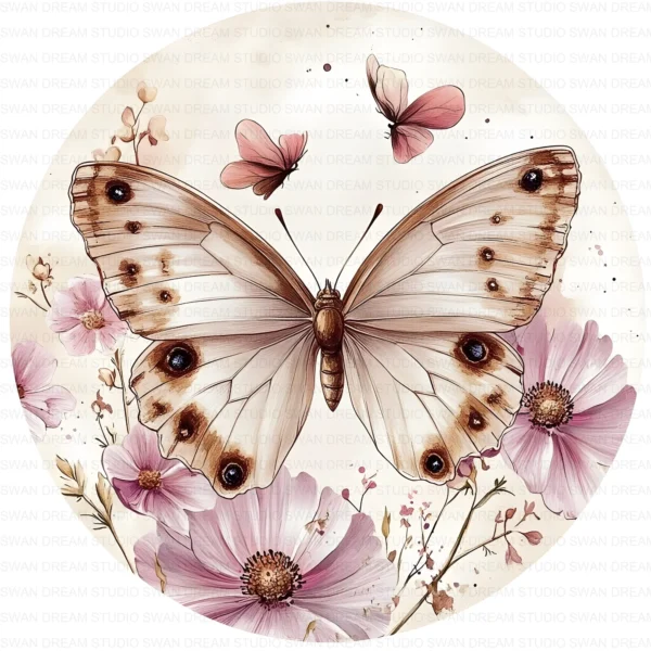 Rustic Butterfly Circle Clipart Whimsical Floral JPG Scrapbooking Junk Journal Paper Craft Printable Digital Download