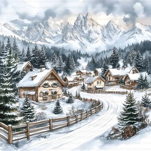 Christmas in Mountains Snow Clipart Bundle Cottage Xmas JPG Printable Scrapbook Paper Craft Junk Journal Digital Download