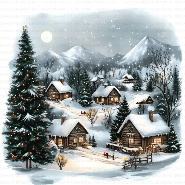 Christmas in Mountains Snow Clipart Bundle Cottage Xmas JPG Printable Scrapbook Paper Craft Junk Journal Digital Download