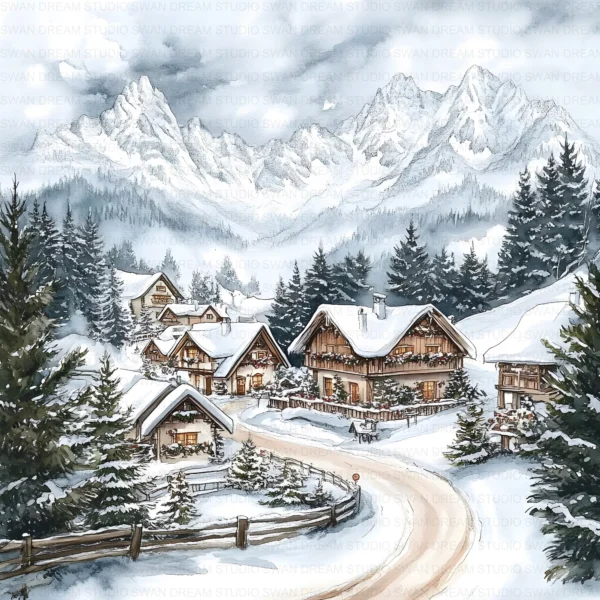 Christmas in Mountains Snow Clipart Bundle Cottage Xmas JPG Printable Scrapbook Paper Craft Junk Journal Digital Download