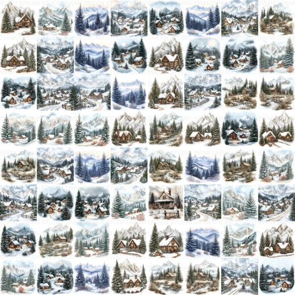 Christmas in Mountains Snow Clipart Bundle Cottage Xmas JPG Printable Scrapbook Paper Craft Junk Journal Digital Download