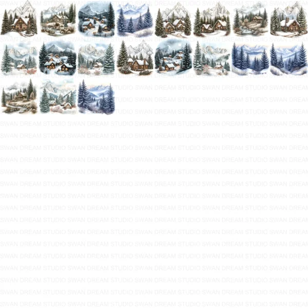 Christmas in Mountains Snow Clipart Bundle Cottage Xmas JPG Printable Scrapbook Paper Craft Junk Journal Digital Download