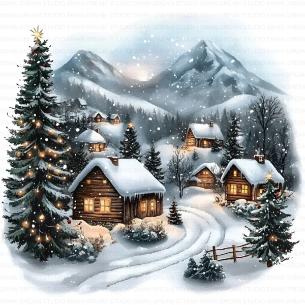 Christmas in Mountains Snow Clipart Bundle Cottage Xmas JPG Printable Scrapbook Paper Craft Junk Journal Digital Download
