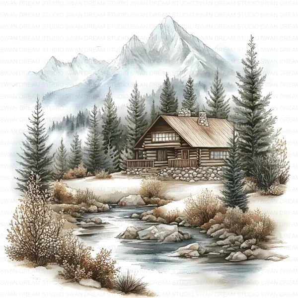 Christmas in Mountains Snow Clipart Bundle Cottage Xmas JPG Printable Scrapbook Paper Craft Junk Journal Digital Download