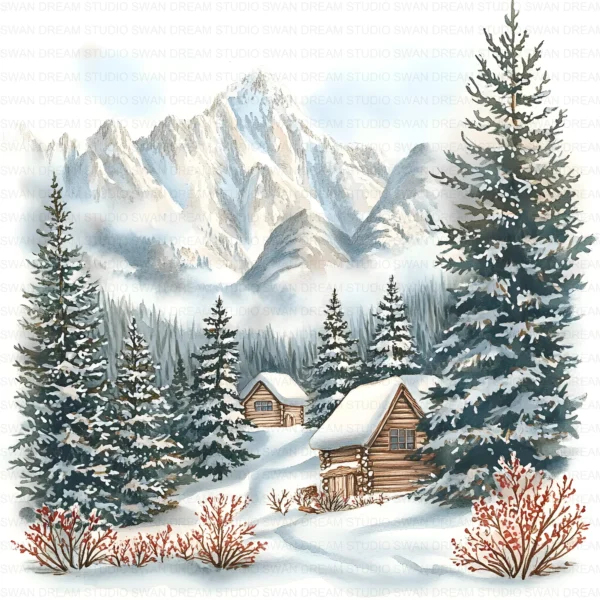 Christmas in Mountains Snow Clipart Bundle Cottage Xmas JPG Printable Scrapbook Paper Craft Junk Journal Digital Download