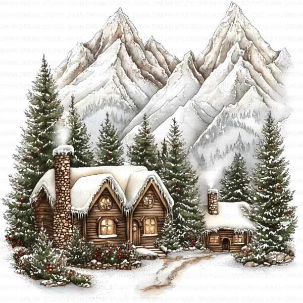 Christmas in Mountains Snow Clipart Bundle Cottage Xmas JPG Printable Scrapbook Paper Craft Junk Journal Digital Download
