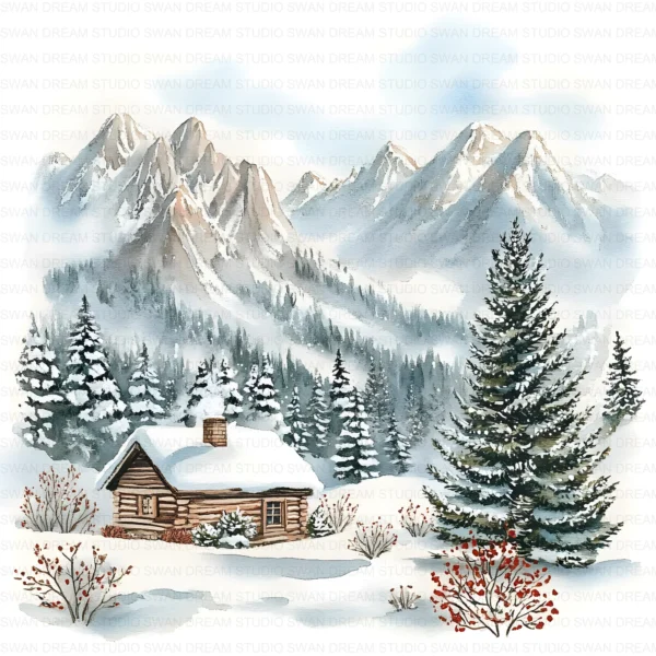 Christmas in Mountains Snow Clipart Bundle Cottage Xmas JPG Printable Scrapbook Paper Craft Junk Journal Digital Download