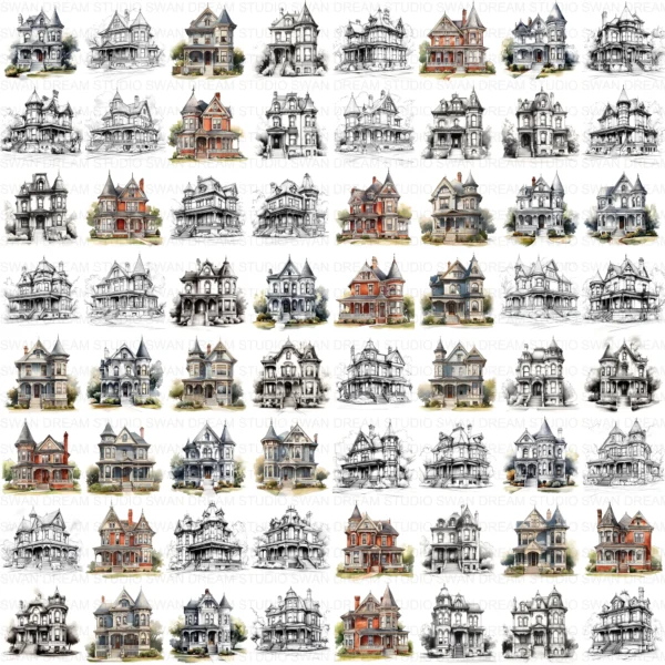 Sash Window Home Clipart Bundle Printable Painted Mansion Design Junk Journal