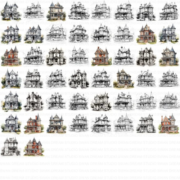 Sash Window Home Clipart Bundle Printable Painted Mansion Design Junk Journal