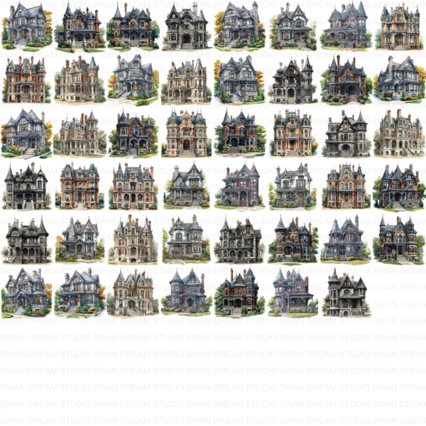 111 Mansion House Clipart Bundle Estate Home Printable JPG for Card Making, Paper Craft, Junk Journal, Scrapbooking, Digital Download