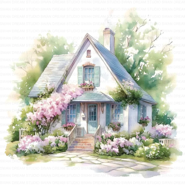 ClipartC40L_t10 Garden Cottage Watercolor Clipart Bundle Printable Painting Yard Digital Download