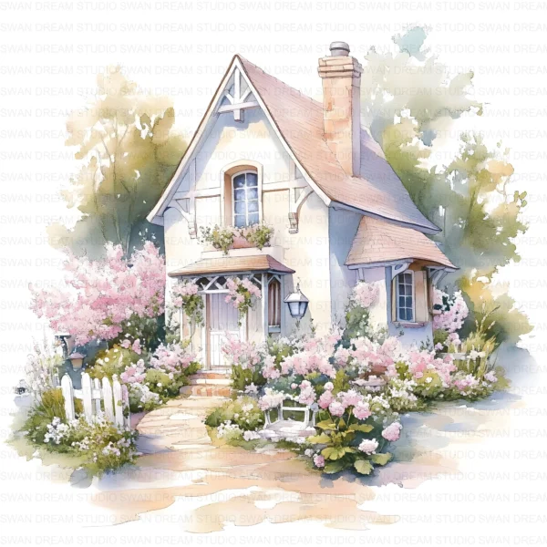 ClipartC40L_t11 Garden Cottage Watercolor Clipart Bundle Printable Painting Yard Digital Download