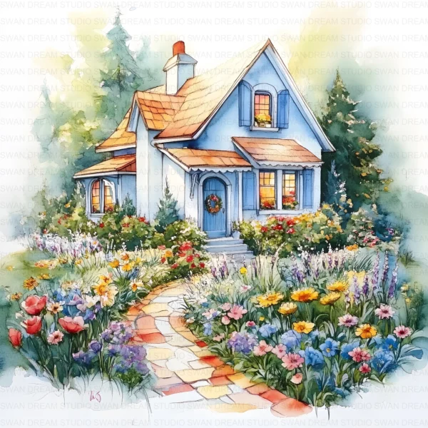 ClipartC40L_t12 Garden Cottage Watercolor Clipart Bundle Printable Painting Yard Digital Download