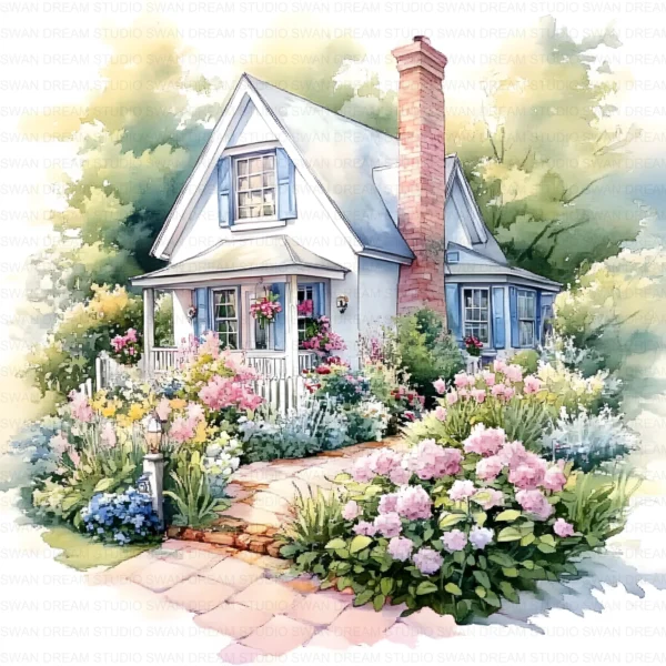 ClipartC40L_t2 Garden Cottage Watercolor Clipart Bundle Printable Painting Yard Digital Download