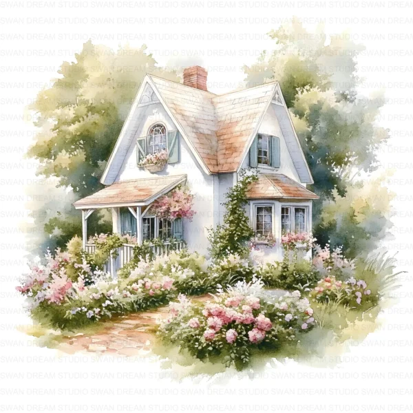 ClipartC40L_t3 Garden Cottage Watercolor Clipart Bundle Printable Painting Yard Digital Download