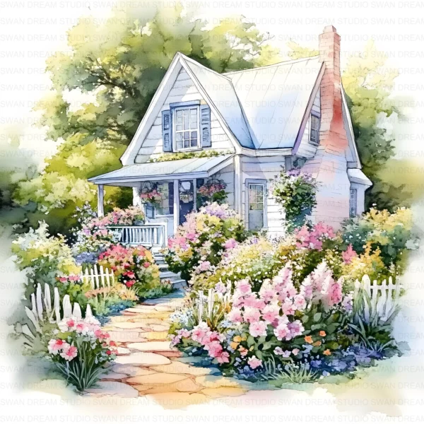 ClipartC40L_t5 Garden Cottage Watercolor Clipart Bundle Printable Painting Yard Digital Download